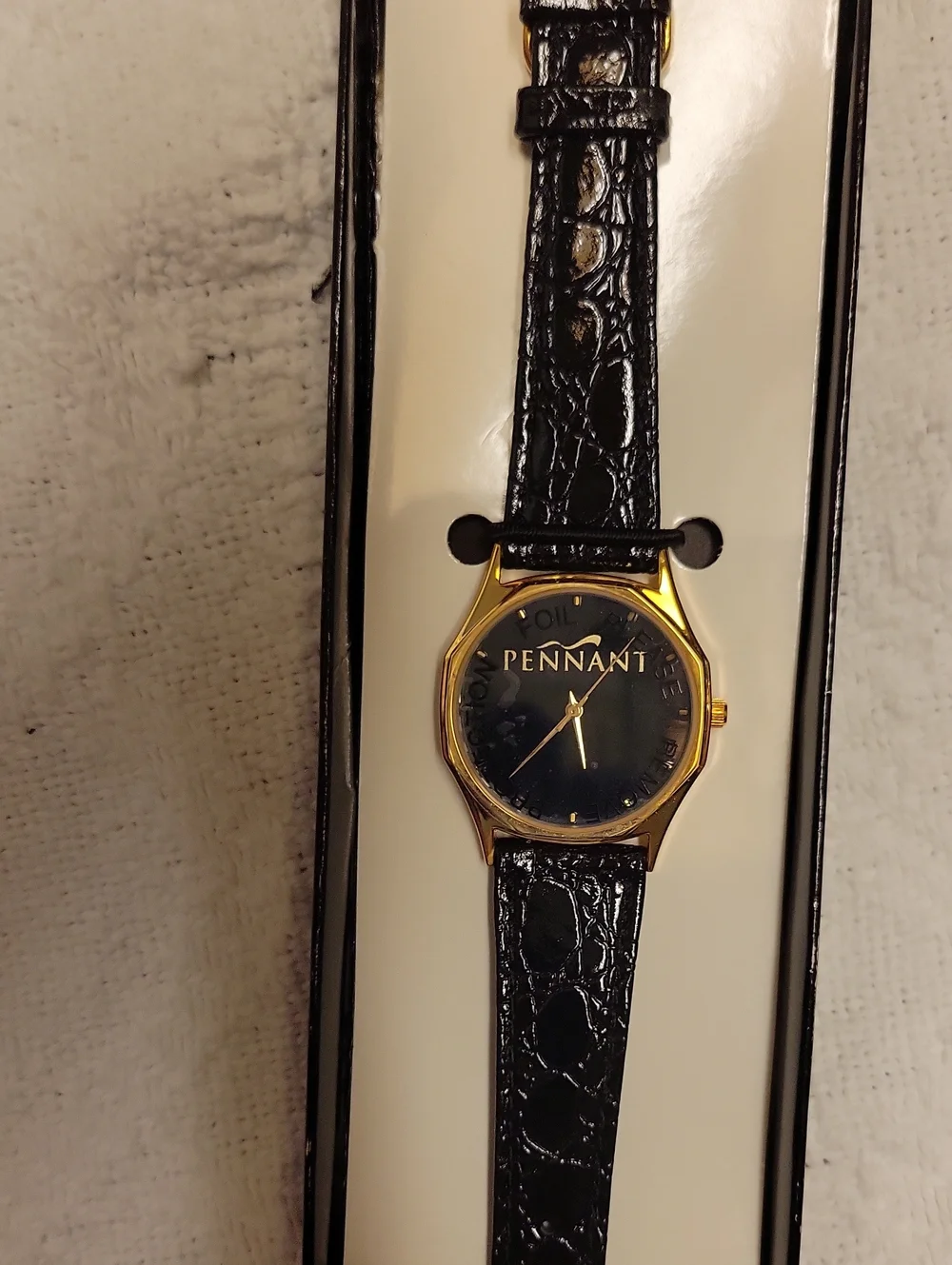 Vintage New Pennant Black Leather Gold-Tone Watch w/Box.  Plastic Still On Face